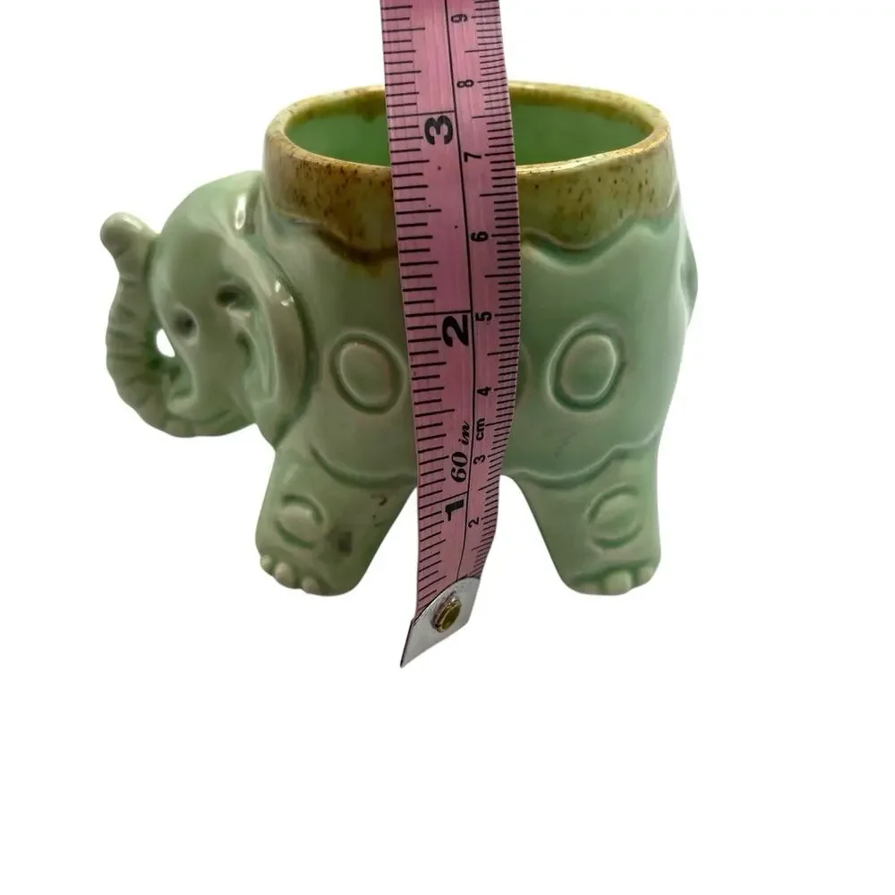 Elephant Planter Miniature Pot Green Trunk Up Succulent Holder Ceramic Retro